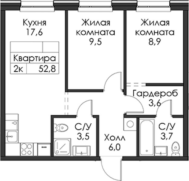 2-комнатная квартира 52.8 м², 1/12 эт., ЖК «Шкиперский 19»